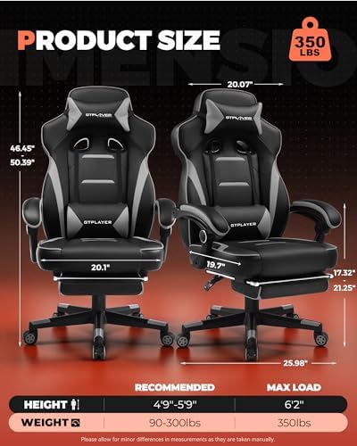 GTPLAYER Gaming Chair with Footrest, Big and Tall Computer Game Chair 350lb Racing Style, Ergonomic High Back Lumbar Support and Recliner, Moon Gray