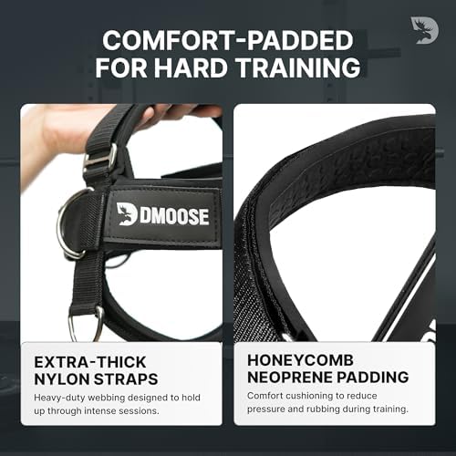 DMoose Fitness Neck Harness for Weight Lifting - Soft Padded Head & Chin Strap with 30" Heavy Duty Steel Chain - Neck Exerciser, Trainer & Strengthener to Support Injury Recovery and Intense Workouts