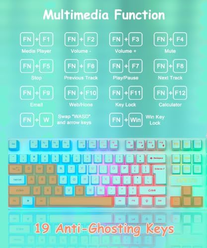 Gaming Teal Keyboard Wired with Color Backlit, Membrane, Quiet for Computer