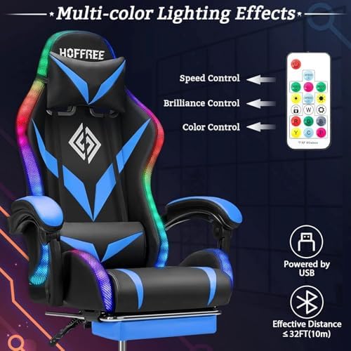 RGB Gaming Chair with Massage & Footrest Racing Style Computer Chair-Blue