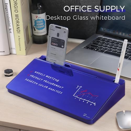 TOWON Compact Glass Desktop Whiteboard with Storage 12x7 in, Navy Blue