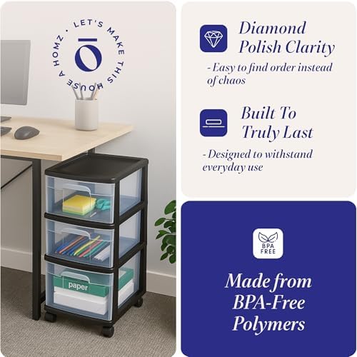HOMZ Drawer Tower, 3-Tier Storage Cart with Removable Wheels, Black Frame
