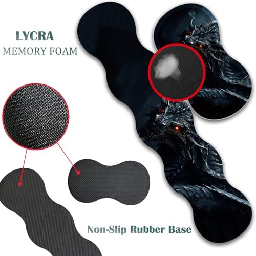 4 in 1 Mouse Pad Combo, Large Gaming Mouse Pad + Keyboard Wrist Support + Mouse Wrist Rest + Coaster, Table Pad 31.5 "x 11.8" with Memory Foam Ergonomic Wrist Pad Set, Cool Dark Dragon
