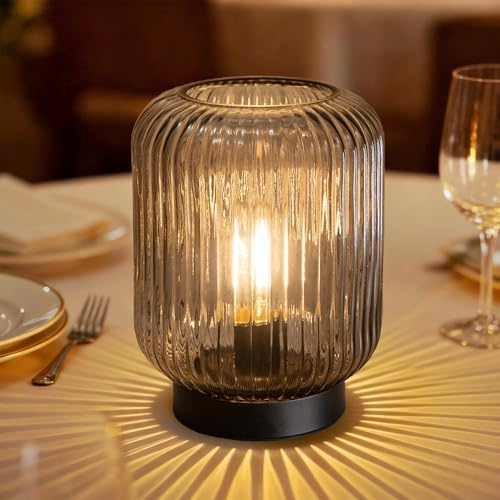 LUSHARBOR Battery Operated Lamp, Cordless Table Lamps for Home Decor, Battery Powered Nightlight with LED Bulb, Decorative Glass Beside Lamp for Bedroom Living Room-Grey