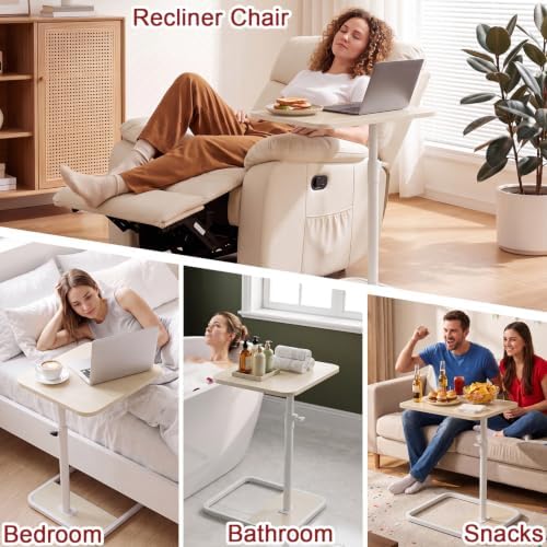 GOYLSER Large C Shaped End Table for Couch, Height Adjustable Rotatable Couch Tray Tables Sofa Table Tv Trays for Bedroom, Natural Wooden Swivel Side Table for Small Spaces