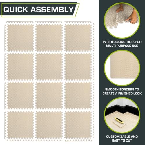 ProsourceFit Exercise Puzzle Mat 1/2-inch, EVA Interlocking Foam Floor Tiles for Home Gym, Workout Equipment, Kids Play Areas, Beige, 48 SQ FT - 12 Tiles