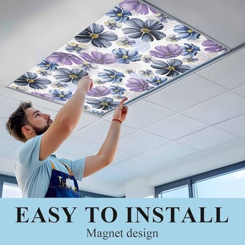 Ombre Purple Flower Magnetic Fluorescent Light Covers for Ceiling Lights 2 x 4 Feet,Watercolor Blue Green Country Floral Office Classroom Kitchen Drop Ceiling Light Covers Filters Shade Panel 1 Pack