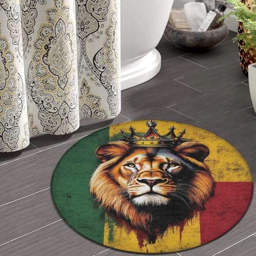 Home Decor Non Slip Kitchen Office Circle Rug, Machine Washable Modern Round Area Rug, Room Sofa Yoga Soft Round Carpet Rasta Flag Lion Splatter Painting, 36inch
