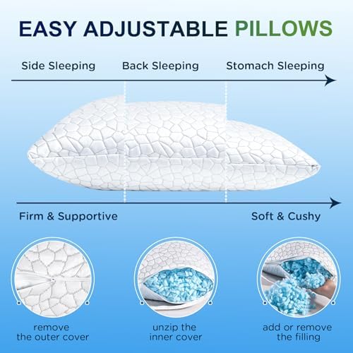 SUPA MODERN Cooling Bed Pillows for Sleeping 2 Pack Shredded Memory Foam Pillows Adjustable Pillow for Side Back Stomach Sleepers Luxury Gel Pillows Queen Size Set of 2 with Washable Removable Cover