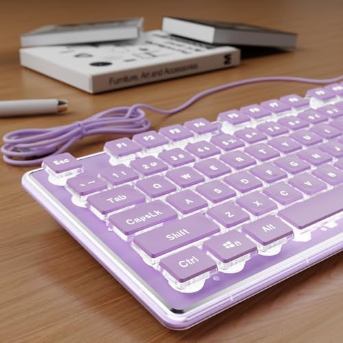 Wired Keyboard with White Backlight Pudding Keycaps, Full Size, Purple