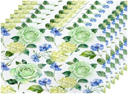 Shrahala Vintage Blue Set of 6 12 X 18 Inch Linen Placemats, Pink Flower The of Rose Hand Draw Watercolor Burlap Table Mat Washable Double Layered Heat Insulation for Indoor/Outdoor