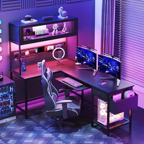 L Shaped Gaming Desk with Power Outlets & LED Lights, 49'' Reversible Computer Desk with Hutch & Pegboard & Display Cabinet, Corner Home Office Desk with Drawer & Keyboard Tray & Storage Bag, Black