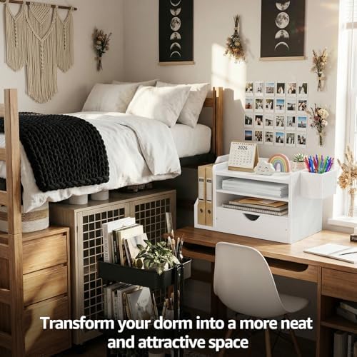 Wood Desk Organizers and Accessories with Drawer - White 3 Tier Paper Tray and Desktop Storage Caddy for Office Supplies, Slanted File Folder Holder and Pen Cup, Dorm Essentials for School