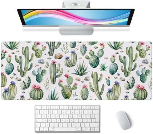 Large Gaming Mouse Pad with Stitched Edges, Desk Pad Extended Keyboard Mat, Non-Slip Rubber Base Mousepads for Laptop, Office, Home, 31.5X11.8 inch Watercolor Cactus and Flowers