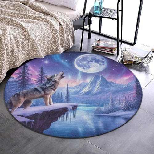 Large Round Area Rug Home Decor Modern Bathroom Rug Kitchen Office Circle Rug for Living Room Sofa Circle Cute Mat Snow Full Moon Wolves Pink Art, 24inch