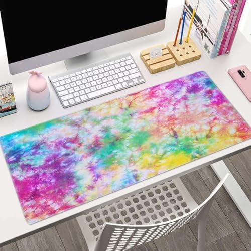 Colorful Tie Dye Pattern Desk Mat, Extended Big Mouse Mat for Home and Office, Large Gaming Mousepad Laptop Keyboard Mat with Non-Slip Rubber Base, Stitched Edges (31.50"x11.8"x0.12")