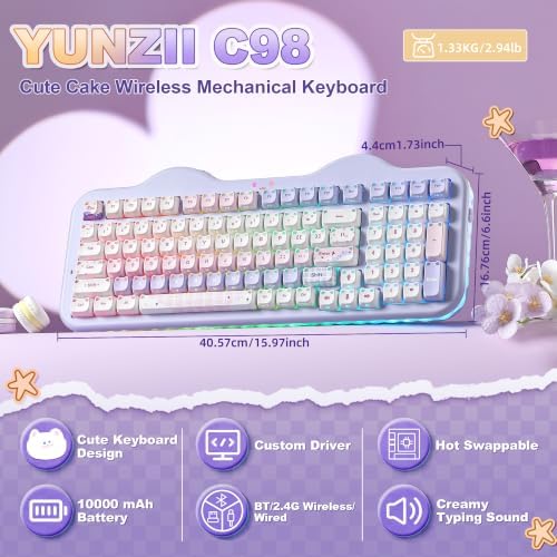 YUNZII C98 Cute Wireless Mechanical Keyboard(Purple Mao, Milk Switch)