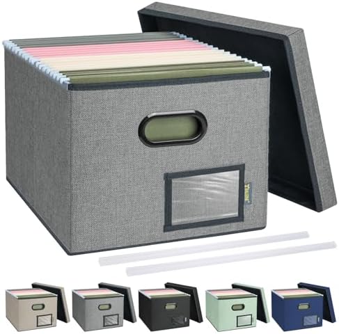 BALEINE File Organizer Box with Lid, Collapsible File Folder Organizer with Plastic Slide, Filing Box for Office Home Document Organizer Storage (Gray, 1PK)