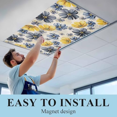 Retro Beige Yellow Flower Magnetic Fluorescent Light Covers for Ceiling Lights 2 x 4 Feet,Ombre Blue Green Blossom Floral Office Classroom Kitchen Drop Ceiling Light Covers Filters Shade Panel 1 Pack