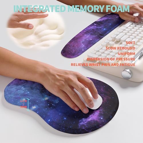2-in-1 Ergonomic Set, Wave Rise Keyboard Wrist Rest and Massage Bulge Slope Mouse Pad Wrist Support, Cushion Memory Foam Integrated to Relieve Wrist Pain, Galaxy