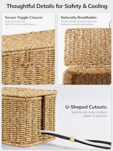 Cable Management Box, Cord Organizer with Lid & Cable Ties - Natural Set