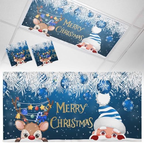 Santa Claus Magnetic Fluorescent Light Covers for Ceiling Lights 2 x 4 Feet,Christmas Elk Cartoon Pine Tree Leaves Blue Office Classroom Kitchen Drop Ceiling Light Covers Filters Shade Panel 2 Packs
