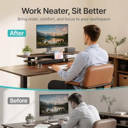 Dual Clamp-On Wooden Monitor Stand, 41.7" 2-Tier Desk Riser Organizer