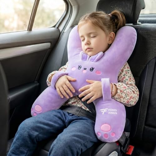 Kids Car Sleeping Pillow, H-Shaped for Neck & Back Support, Purple Rabbit