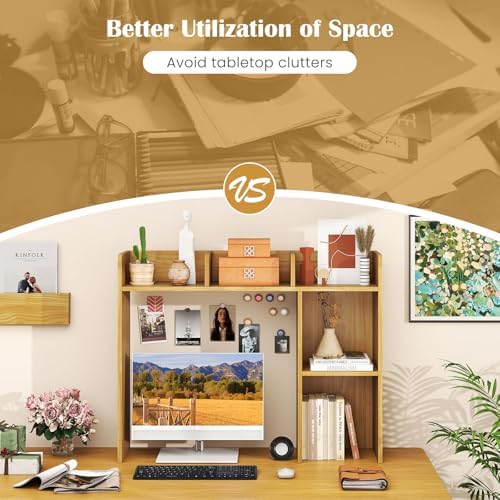 GIANTEX Desktop Bookshelf, Wood Desk Hutch Organizer for 27 Inch Computer Monitor, Countertop Storage Display Rack with 5 Shelves, Multipurpose Desktop Shelf Bookcase for Dorm Office Home (Burlywood)