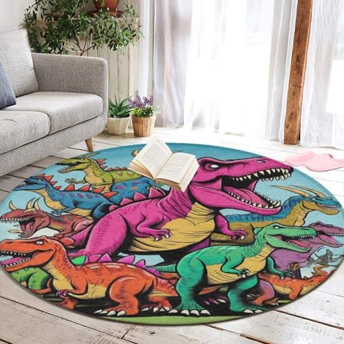 Soft Round Yoga Carpet, Large Home Decor Mat, Non Slip Machine Washable Kitchen Office Circle Rug Dinosaurs
