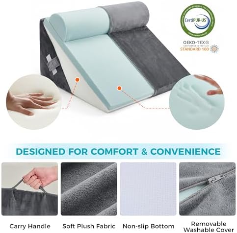 BDEUS 3PCS Wedge Pillow Set for After Surgery, Back Pillow for Bed Sitting up, Orthopedic Foam Wedge Pillow for Acid Reflux Sleep Apnea Back Pain Relief, Post Surgery Pillow for GERD & Snoring, Grey