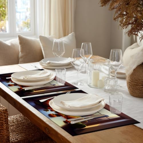 Shrahala Happy Thanksgiving Day Set of 6 12 X 18 Inch Linen Placemats, Pumpkins Floor-to-Ceiling Windows Harvest Burlap Table Mat Washable Double Layered Heat Insulation for Indoor
