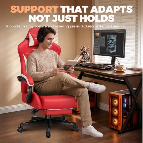GTPLAYER Gaming Chair with Footrest, Ergonomic Office Chair 400lbs Heavy Duty, Big and Tall Computer Desk Chair with Lumbar Support and Headrest, Faux Leather 90-155° Recline Red