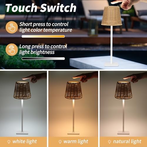 Mr. White Outdoor Waterproof Cordless Set of 2 Rechargeable Portable Top Touch Battery Operated Powered LED Table Lamp Desk Lamp Lights for Restaurant Kitchen Patio Dinner Dining (White 2 Pack)