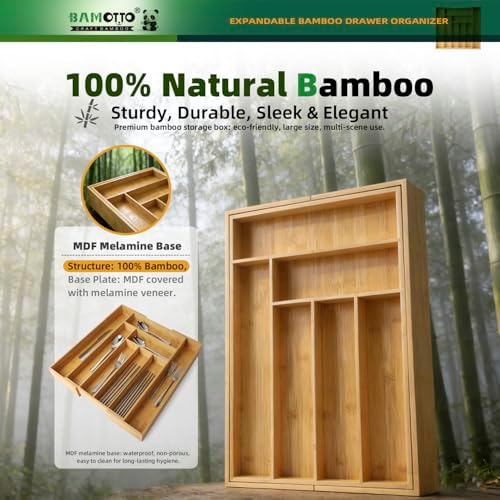 BAMOTTO CRAFTBAMBOO Expandable Bamboo Drawer Organizer for Kitchen, 8 Slot