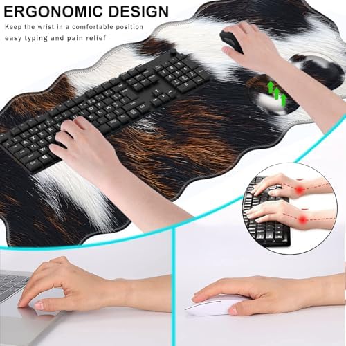 Mouse Pad with Wrist Support + Desk Mat + Coaster 3 in 1 Set, XL Large Gaming Mousepad Ergonomic Mouse Pads for Desk Computer Laptop Office,Cute Cowhide Brown Black Cow