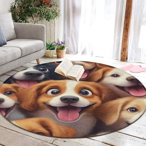 Fashion Round Area Rug Large Non Slip Carpet Unisex Home Decor Mat Cartoon Selfie Dog