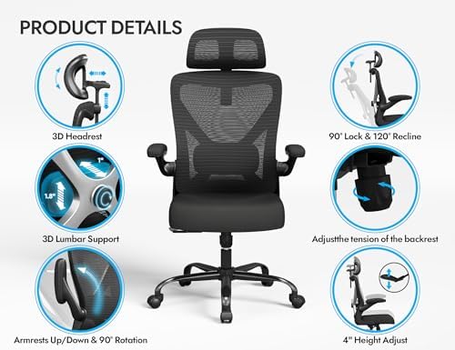 Black Ergonomic Office Chair: Mesh Desk Chair Comfy with Headrest& Lumbar