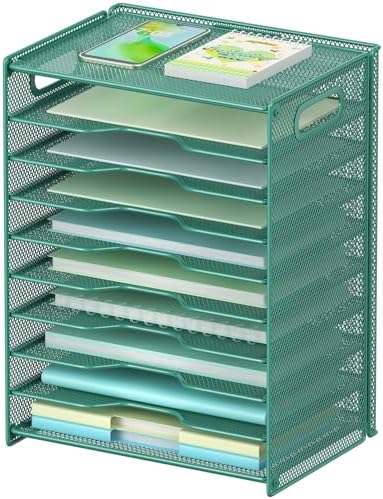OUTWOLF 10 Tier Paper Organizer - Letter Tray Mesh Desk File Organizer with Handles for Office School Desktop, Green