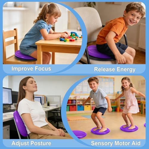 Wobble Cushion, Fimeetoy 360°Spinning Wiggle Seat, ADHD Sensory Chair,Flexible Seating in Classroom & Home,ADHD Tools for Kids,2-in-1 Detachable Balance Pad,Fidget for Focus-Purple