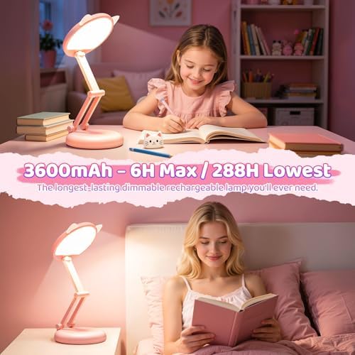 One Fire Cute Desk Lamp Pink Dorm Lamps for College Girls Foldable Portable Rechargeable Dimmable Cute Cat Lamp Kawaii Room Decor,College Dorm Decor for Girls Pink Classroom Essentials
