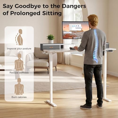Electric Standing Desk with Drawers, 63 Inch Height Adjustable Desk with Power Outlets & LED Lights, Sit Stand Table with Monitor Stand for Home, Office, White