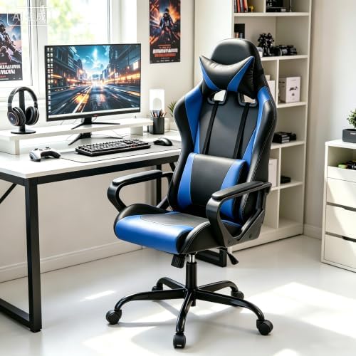 PC Gaming Chair Office Chair Racing Desk Chair with Lumbar Support Arms Headrest Massage High Back PU Leather Ergonomic Computer Chair Rolling Adjustable Swivel Chair for Women Men Adult, Blue