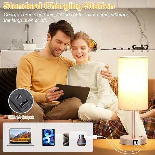 Dicoool 17.4" Bedside Lamp for Bedroom - Dimmable Touch, USB A+C, AC Outlet