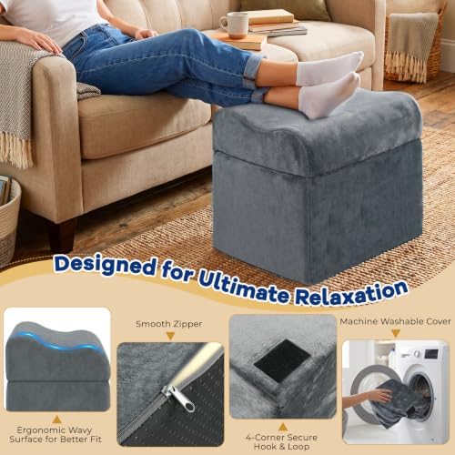 Foot Rest for Under Desk at Work, Ergonomic 2-in-1 Footrest Stool with 3 Adjustable Heights, Wave Contoured Foam Leg & Feet Support Cushion with Washable Velvet Cover for Office Chair, Gaming, Car