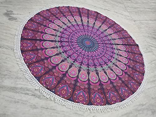 Round Beach Tapestry Turquoise Mandala Throw/Boho Hippie Beach Blanket Roundie/Indian Cotton Bohemian Large Round Table Cloth-Home Decor/Yoga Mat Meditation Picnic Rug (42", White And Pink)