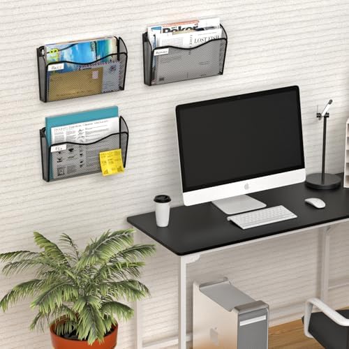 BOHDK Wall File Organizer, 3 Single Pockets Mesh Hanging File Organizer, Mount Document Magazine Rack with Labels, Hanging File Folders for Office, Home and School, Black