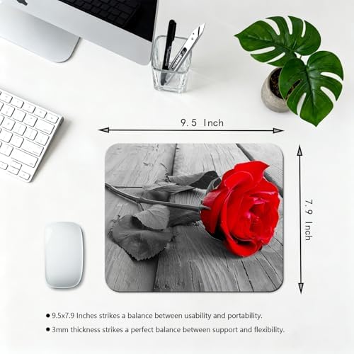 9.5x7.9 Inch Office/Gaming Mouse Pad, Romantic Red Rose on Rustic Grey Wood, Cute Anti-Slip Mat for Desk Decor