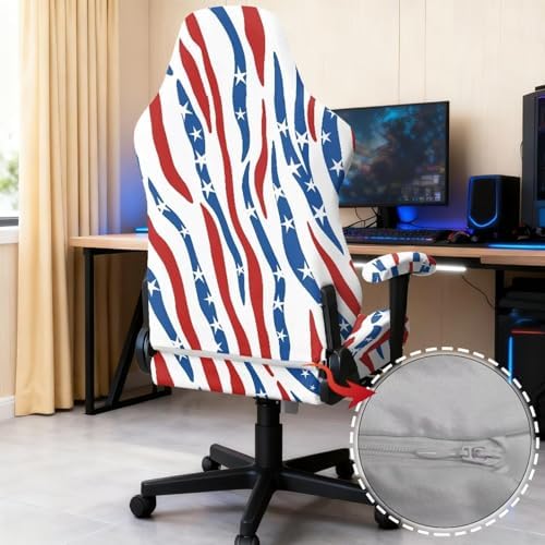 American Flag Zebra Print Gaming Chair Cover with Armrest Covers Stretch Non Slip Furniture Protector Washable Anti Dust Computer Chair Slipcover