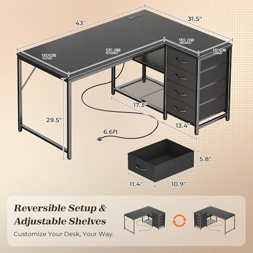 PRAISUN 43.3" Small L Shaped Desk with Power Outlets & 4 Drawers